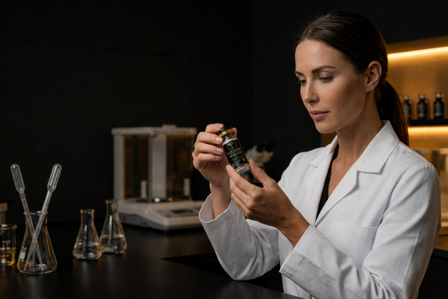 Scientist reviewing a research peptide vial beside laboratory glassware